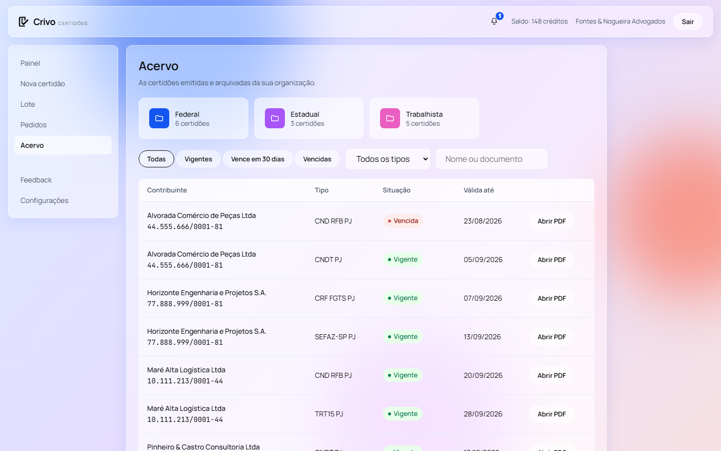 Acervo do Crivo Certidões com filtros por situação, tipo e texto, e a lista de certidões com documento, nome, órgão e validade.